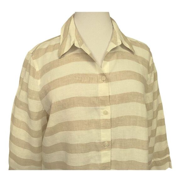 Chico's 100% Linen Button Front Blouse Striped Front Chevron Back Tan White Sz 2 - Picture 2 of 5